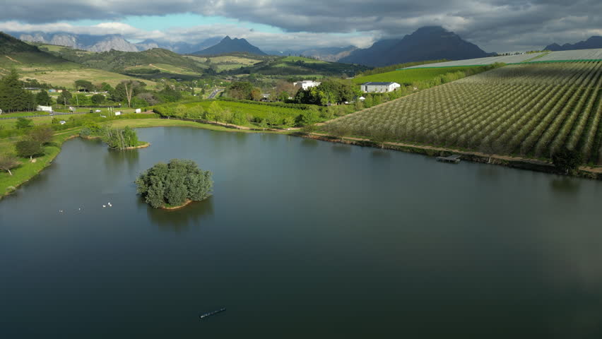 Road leads between vineyards toward Stellenbosch town and mountains, jib up
