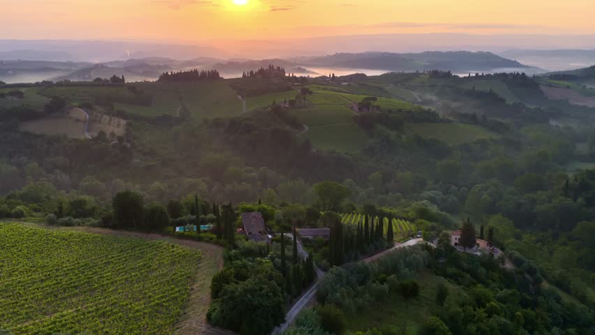 rolling hills of Tuscany with vineyards and olive trees in Italy at sunrise, foggy morning in Tuscany, drone view, dreamy Tuscan aerial landscape