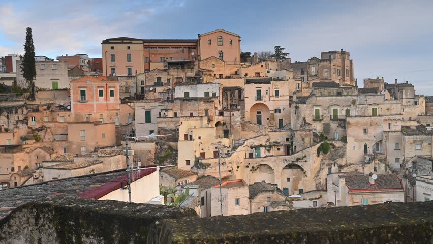 Matera, Italy, stone city on a hill, stone and cave houses