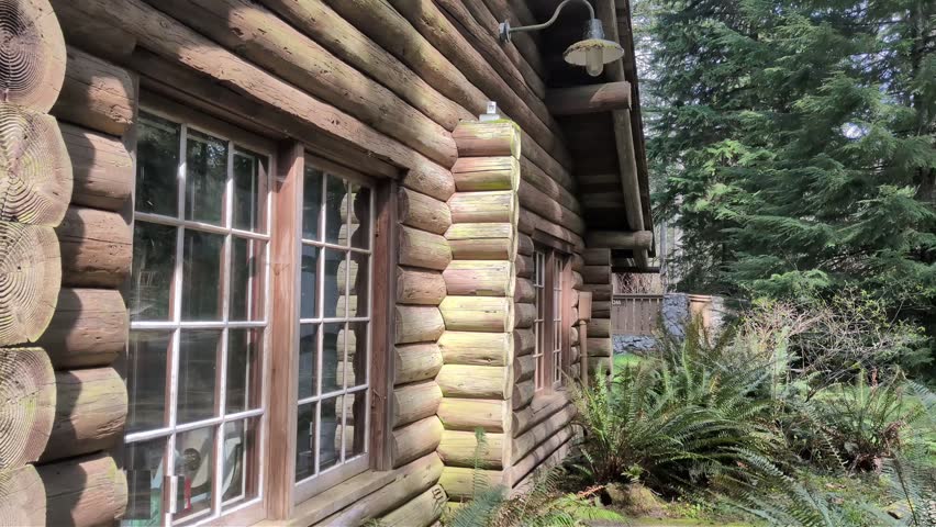 Close-up video highlighting log cabin craftsmanship with detailed timber walls, lantern, doorway, window, and surrounding ferns in a peaceful Oregon forest environment.