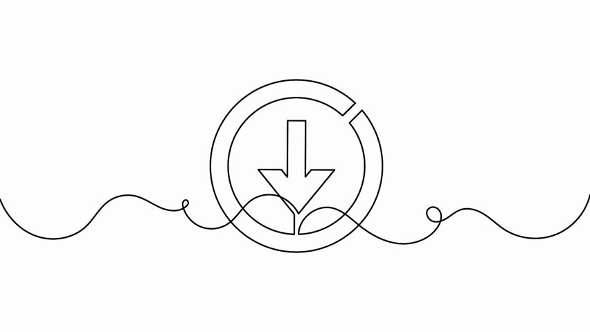 Download arrow pointing downward outline icon animation drawn in a single line art style on white