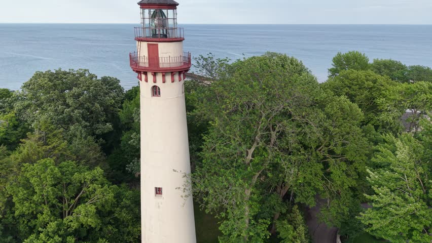 Cinematic aerial of the historic Grosse Point Lighthouse in Evanston, Illinois, opening on a tight view of the red-and-white lantern room then pulling back to reveal the tower among summer treetops, the Lake Michigan beach, the Northwestern lakefront, and the distant Chicago skyline. 4K aerial.