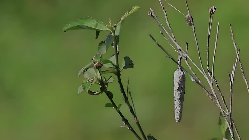 Close up of a bagworm caterpillar (family Psychidae) hanging from a tree branch inside its distinctive pencil-shaped protective case. Constructed from silk and plant materials, the elongated portable shelter provides camouflage and protection while the larva feeds and develops. The photograph highlights the remarkable survival adaptations, intricate case structure, and fascinating life cycle of this unique moth larva in a natural tropical habitat