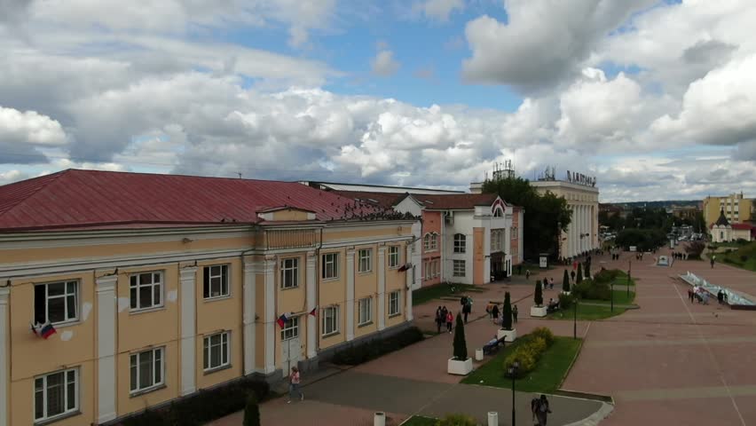 Forward drone flight above Dmitrov square