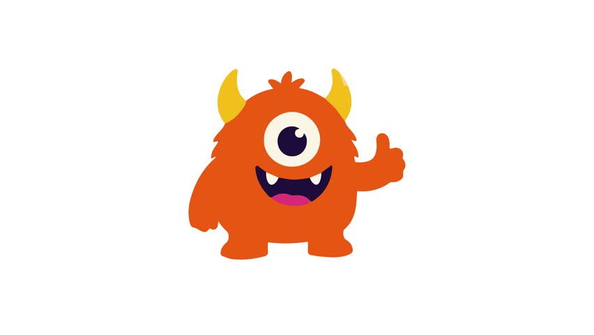 A vibrant orange furry monster with one eye and yellow horns jumps happily while giving a thumbs up on a white background. Ideal for kids educational apps or game animations.