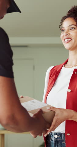 Box, door and delivery man with woman by home for ecommerce, online order or purchase with logistics. Happy, parcel and courier with female customer for cardboard package by house for distribution.