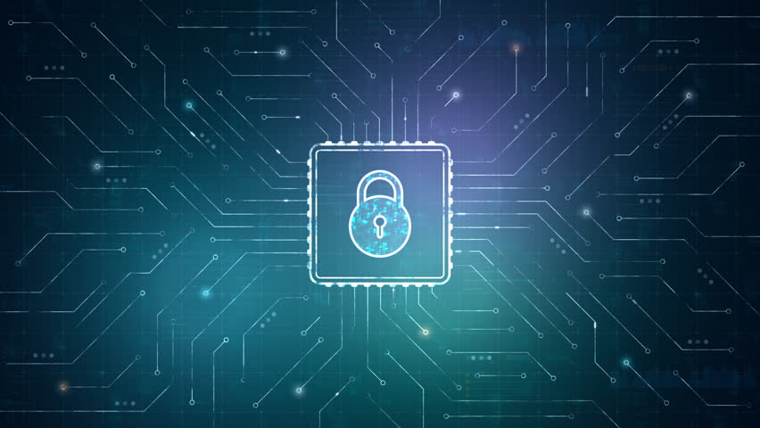 Motion graphic of cybersecurity key circuit digital access, glowing paths sweep across a blue processor network to show secure data authentication controls.