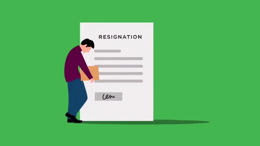 A man submits a resignation letter, then walks away from the document carrying a cardboard box, shown in a three-panel sequence.