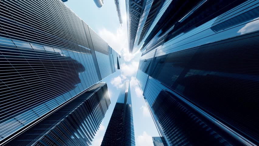 tax free. Businessman Working in Office among Skyscrapers. Hologram Concept
