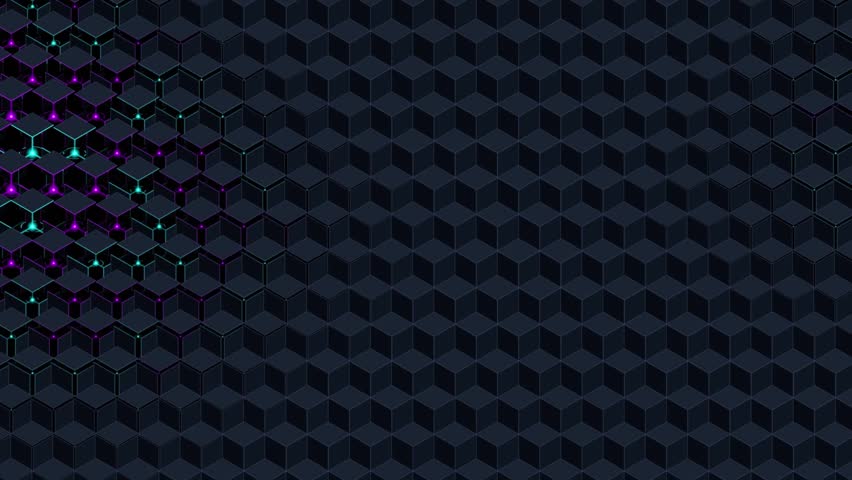 Abstract geometric background featuring a pattern of dark 3D cubes with subtle glowing neon accents. Futuristic digital design with an isometric structure.