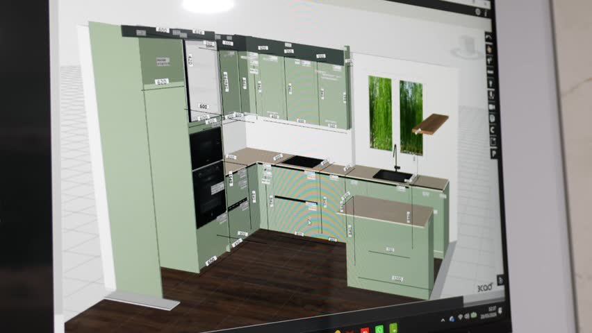 Professional architect or interior designer working on a 3d model of a modern kitchen, using computer software to create a custom furnishing project with appliances and cabinets