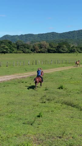 Latino man wearing a hat while riding a brown horse. Majestic animal trotting on a dirt road in a beautiful rural farm landscape