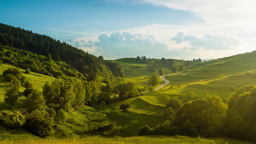 A road passes hills covered with spruce forests and meadows against a cloudy sky