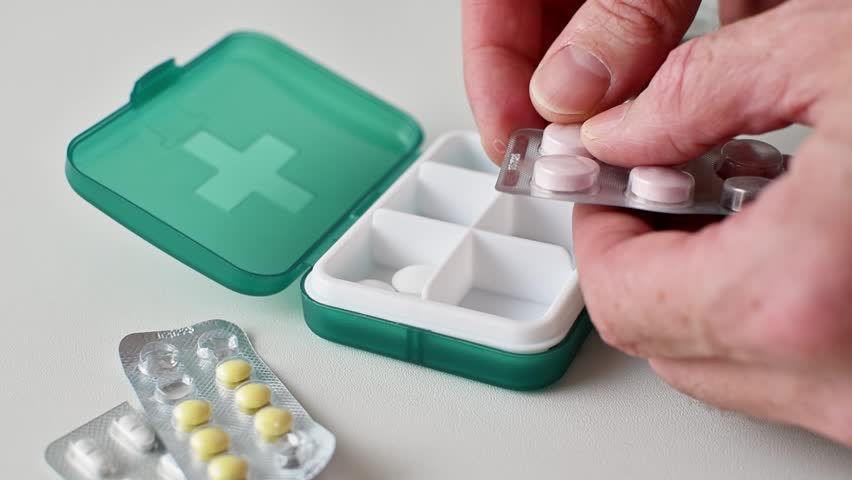 Person fills travel pill organizer with tablets from blister packs at home to prepare medication routine and manage dosage.