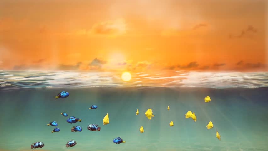 Realistic orange sunset over the lake with blue fish.