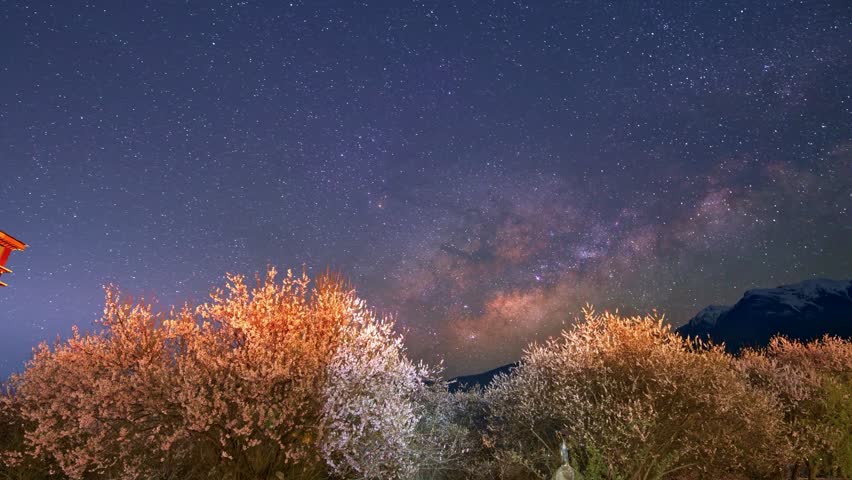 The Milky Way is visible in the night sky above a landscape with trees and mountains, with a building partially visible on the left side of the image.