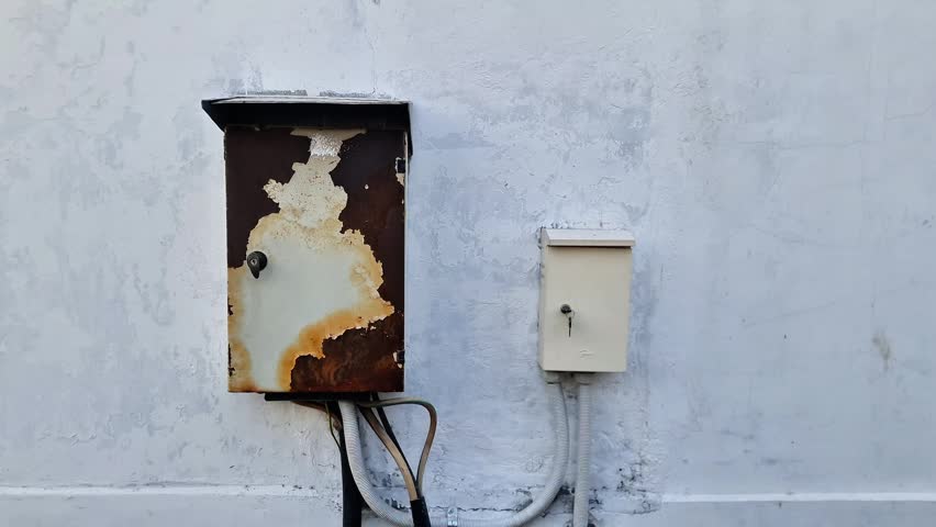 Old Heavily Rusted Electrical Box with Peeling Paint Next to a Modern Meter on a Textured White Wall