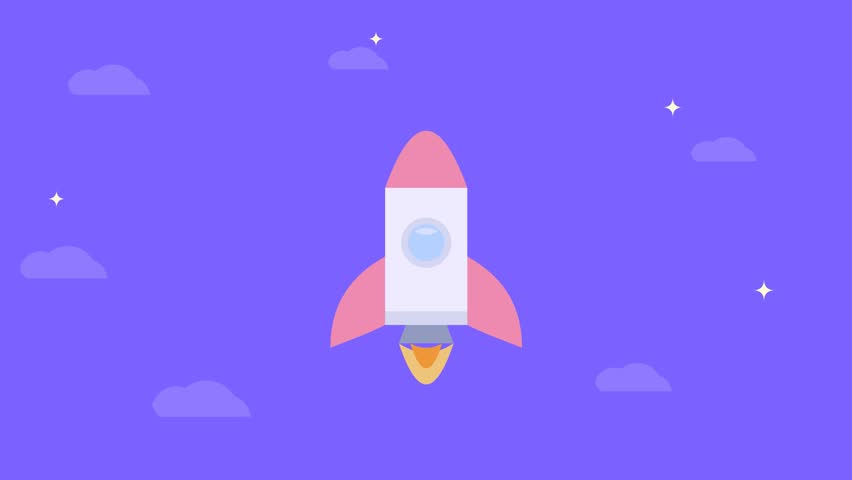 Flat Vector Animation of a Cartoon Rocket Launching into Space Sky