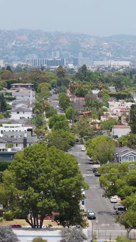 Hollywood Hills landscape showing Los Angeles residential district with homes and roads during daytime and hazy mountains creating a suggestive American cityscape
