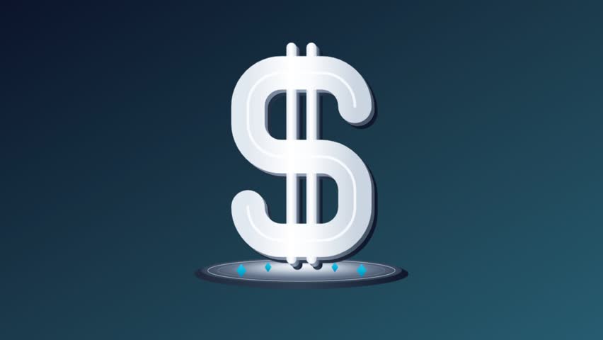 Silver Dollar Sign Icon Emerges and Animates on a Dark Blue Background