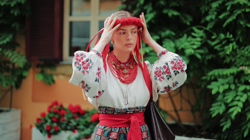 Beautiful young lady in authentic Ukrainian vyshyvanka and red floral wreath. Gracefully adjusting traditional beaded necklace, ethnic style, cultural heritage, and elegant fashion aesthetics.