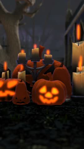 vertical video of pumpkins and candles in a cemetery at night. Halloween background. Zoom in.