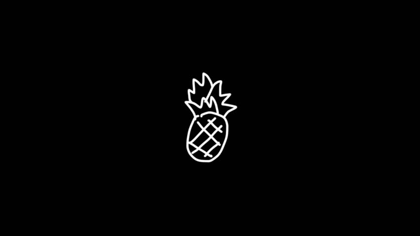 A set of simple white line art pineapple icons on a black background. Ideal for food blogs, tropical travel brochures, and design projects. The icons feature a minimalist style with clean lines.