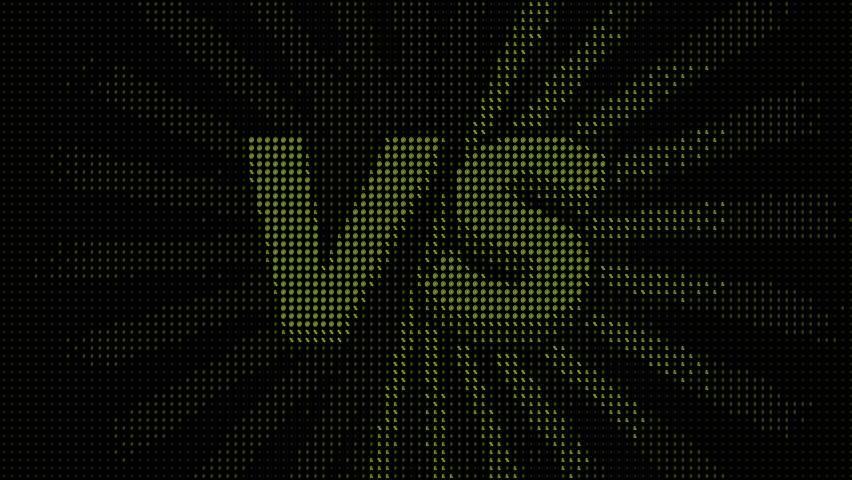 Green ASCII characters forming VS lettering on dark background with rotating radial rays. Seamless loop, retro digital style for gaming and sport content.