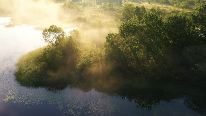 Misty morning landscape with river and trees in golden sunlight, 4K drone shot