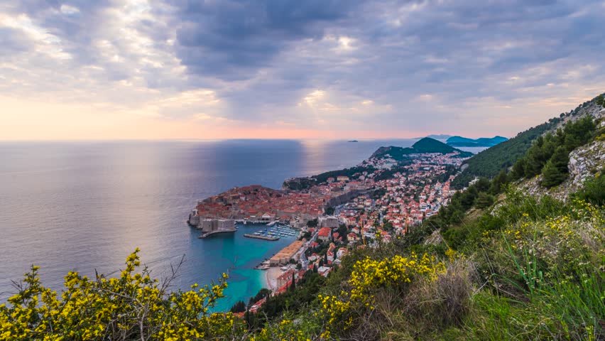 Dubrovnik, Croatia historic walled city at twilight.