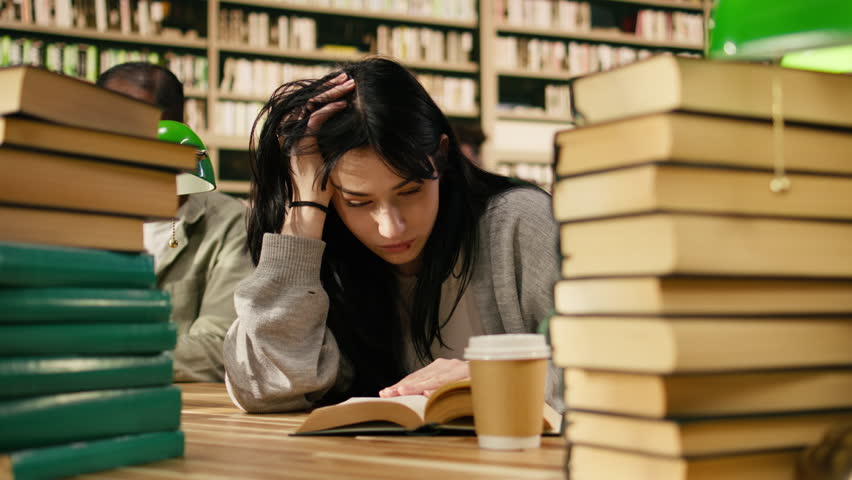 Exhausted young woman reading open book at university library desk, framed by stacks of books and coffee during long exam study session under pressure.