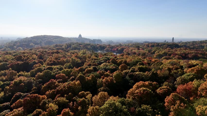 Aerial view of Mount Royal Park and downtown Montreal during vibrant autumn foliage, Quebec, Canada. g.