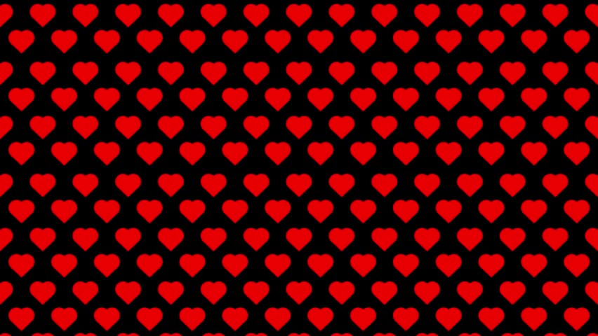 A seamless vector illustration featuring a dense pattern of red hearts against a black background. The repeating design is suitable
