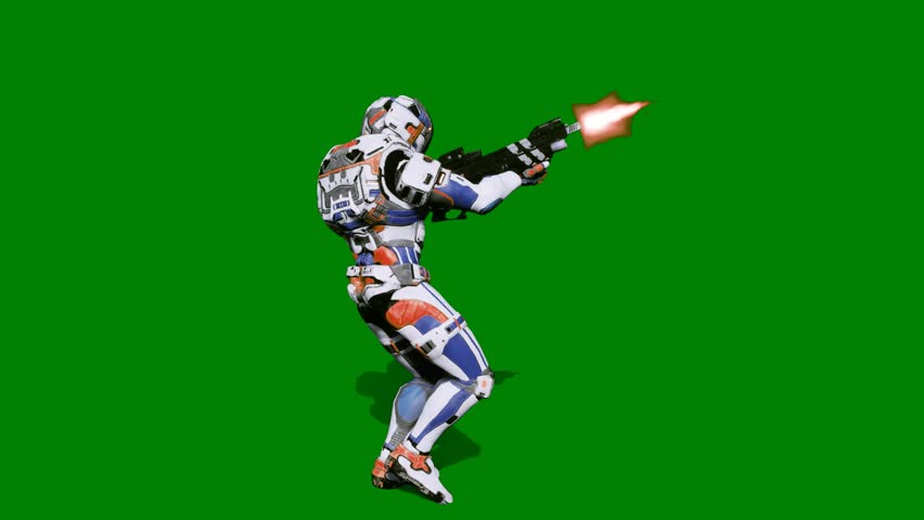 A robot with gun in his hand and man white suit holding is baseball bat blue isolated on green screen background