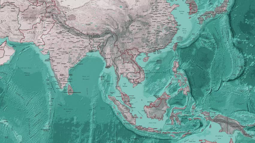 Military tanks advancing across a geopolitical map of Southeast Asia in motion footage