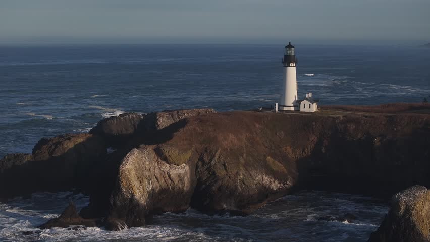 Aerial view of Yaquina Head Lighthouse in Newport, Oregan USA
