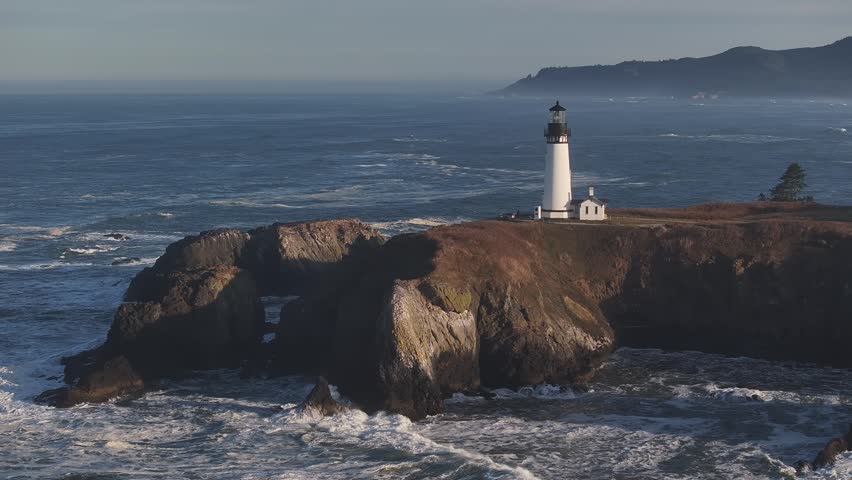 Aerial view of Yaquina Head Lighthouse in Newport, Oregan USA