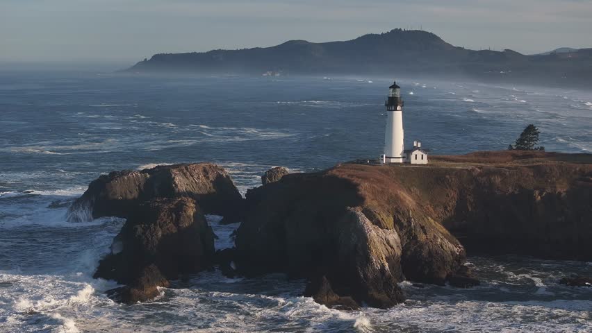 Aerial view of Yaquina Head Lighthouse in Newport, Oregan USA