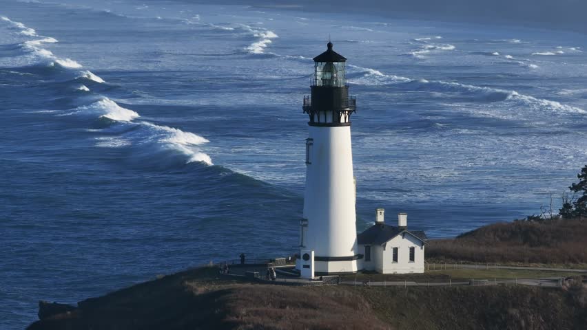 Aerial view of Yaquina Head Lighthouse in Newport, Oregan USA