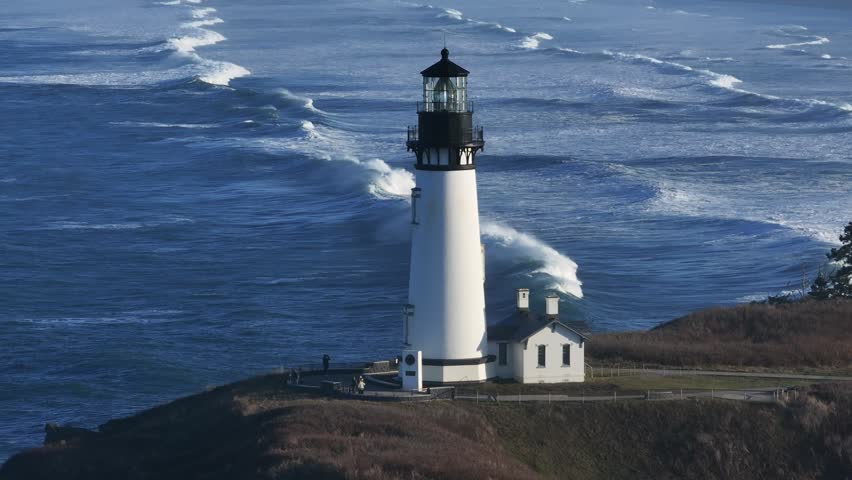 Aerial view of Yaquina Head Lighthouse in Newport, Oregan USA
