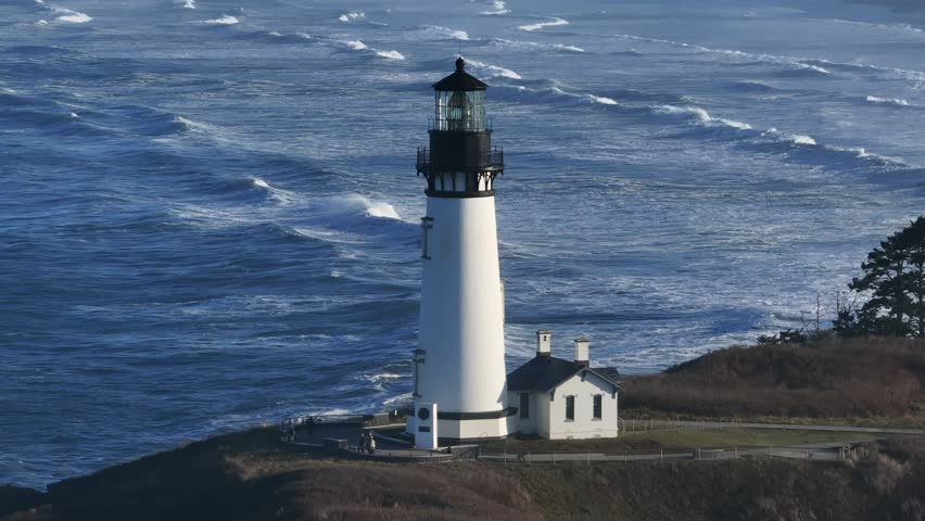 Aerial view of Yaquina Head Lighthouse in Newport, Oregan USA