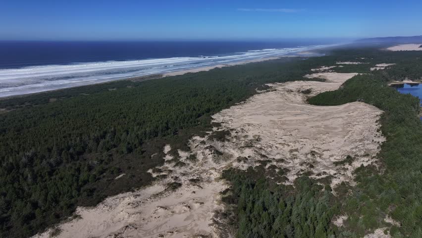 Aerial view of natural scenery of Oregon Sand Dunes National Recreation Area USA