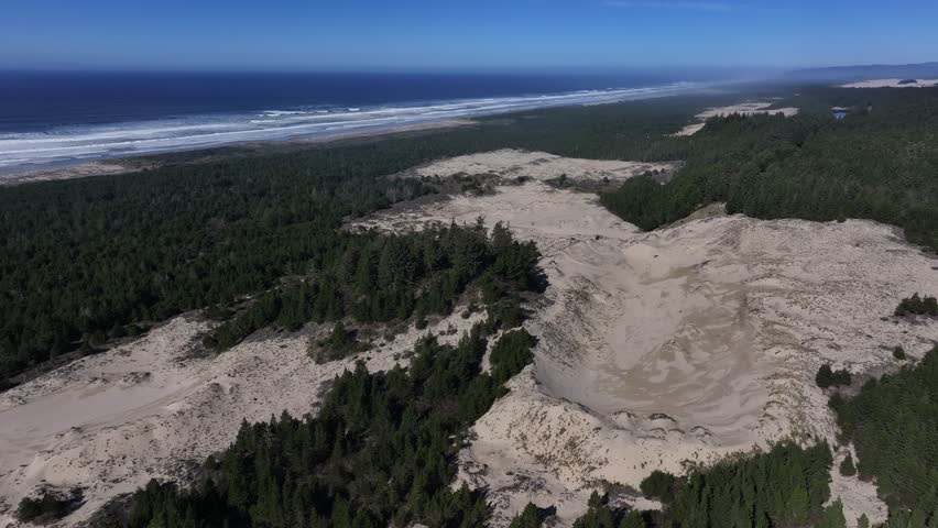 Aerial view of natural scenery of Oregon Sand Dunes National Recreation Area USA