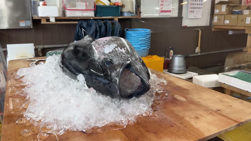 Close-up of a bluefin tuna head placed on ice at a fish shop