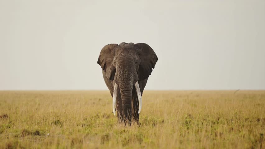 A large African elephant walks forward through an open savanna grassland