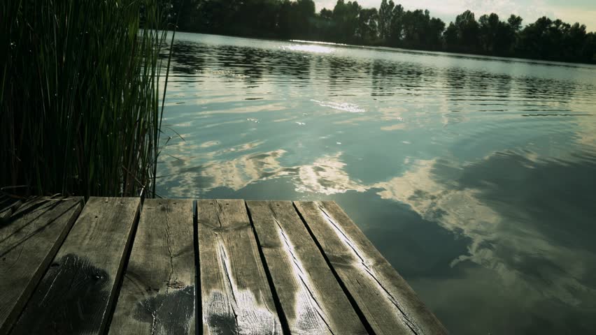 A weathered wooden pier extends towards a calm lake, reflecting the surrounding trees and sky on its rippling surface