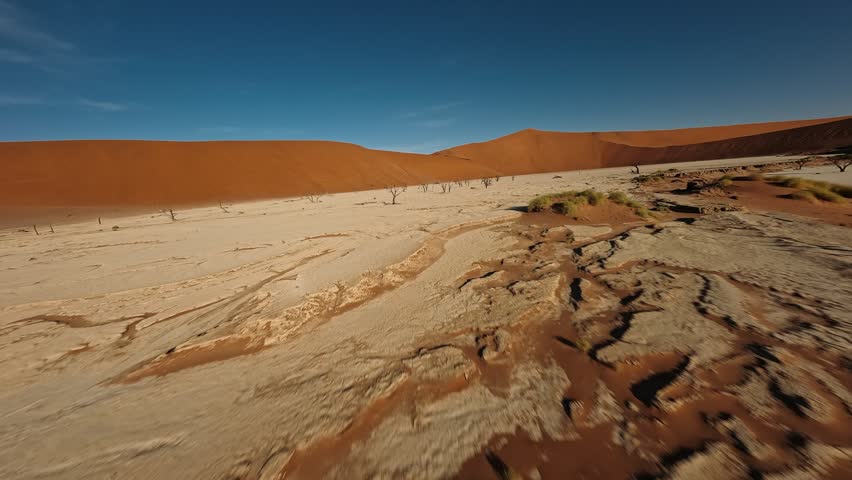 Deadvlei pan, namibia, surrounded by red sand dunes, sossusvlei national park, from fpv drone.