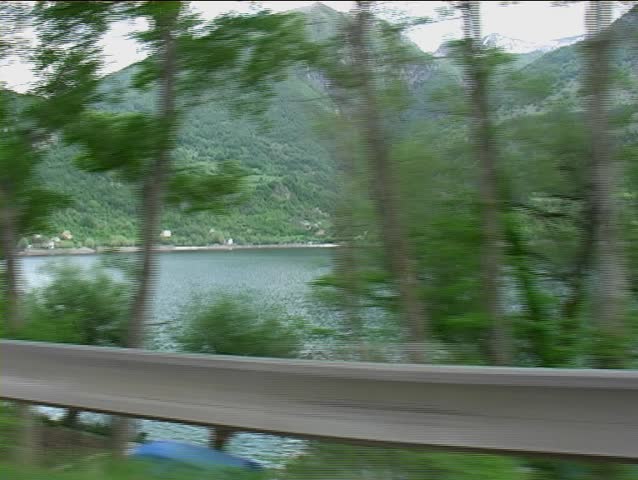 A view of a lake in a natural park. Shot take in a moving car , clip without audio.