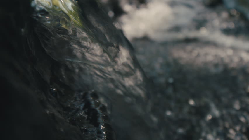 Crystal clear water flows over dark, wet rocks in a peaceful, natural river setting