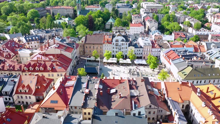 Market Square of historic part of Bielsko-Biala, Poland, 4k drone video